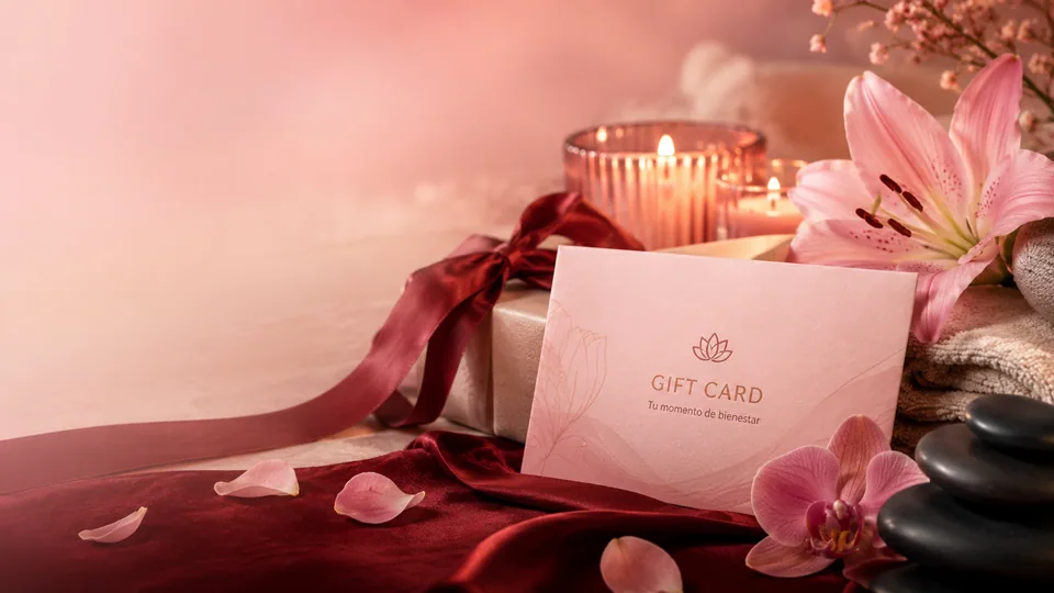 Tarjeta de regalo rodeada de flores y elementos de bienestar